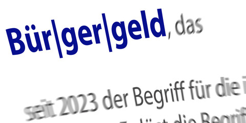 Das Wort "Bürgergeld" mit Silbentrennungszeichen und teilen der Begriffserklärung