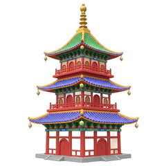 Vibrant Multi-Tiered East Asian Pisolated Architecture with Traditional Colorful Tiled Roofs, Ornate Details, and Golden Accents, Isolated on Transparent Background. No Background PNG