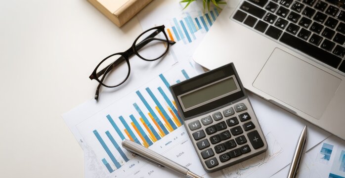 Flat lay of business documents, laptop, calculator, glasses, and pen on a white surface