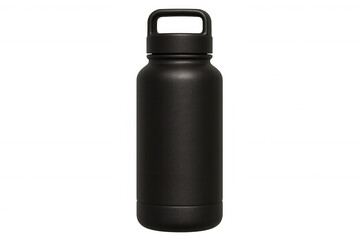 Sleek black reusable water bottle with ergonomic handle, photographed in minimalist studio setting against clear backdrop