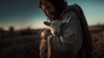 Obraz premium Jesus finds the lost sheep and carries it in his arms