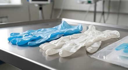 High resolution photograph of medical gloves placed on a hospital table with natural lighting and professional composition