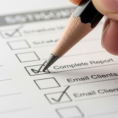 Macro close-up photo of a sharpened pencil marking flags on a paper diary