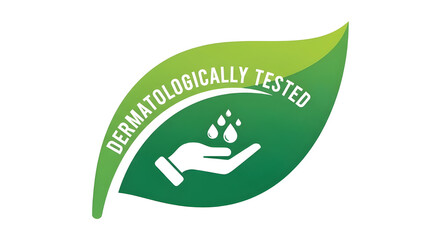 Dermatologically Tested Green Leaf Logo | Hand with Water Drops Badge for Skincare Products, Cosmetic Packaging, and Beauty Industry Marketing