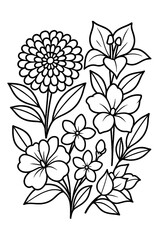 Black and white line art illustration of various flowers with leaves. Elegant floral outline drawing perfect for coloring books, tattoo design, digital art, patterns, invitations, and decorative