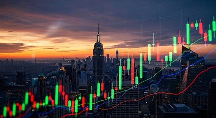 Financial market data overlaid on a vibrant New York City skyline at sunset, symbolizing global economy and investment.