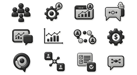 A diverse collection of glossy monochrome 3D icons representing concepts of business strategy, team collaboration, data analytics, and corporate communication