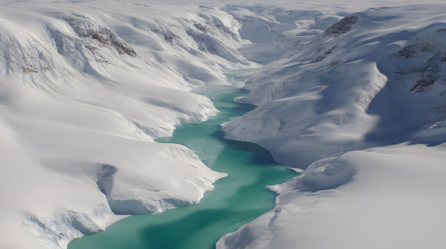 Subglacial rivers of glowing liquid flow beneath geometric ice, casting surreal refractive light patterns.  