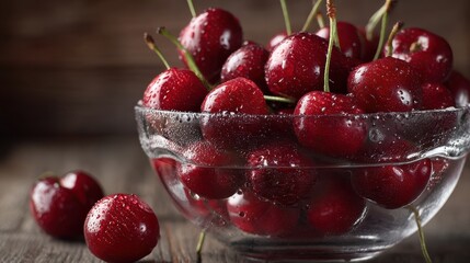Close-up of a translucent bowl filled with juicy cherries, glistening with moisture and ready to be enjoyed.