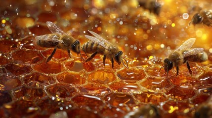 Fototapeta premium Honeybees on honeycomb