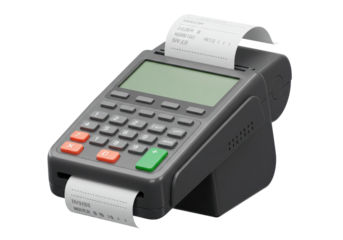 Isolated point-of-sale terminal with a receipt, used for retail transactions, service purchases