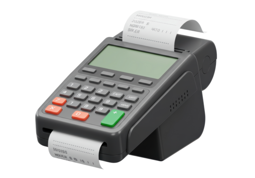 Isolated point-of-sale terminal with a receipt, used for retail transactions, service purchases