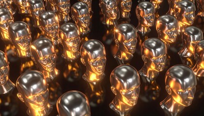 Many metallic heads glow with inner light, arranged in a dense grid