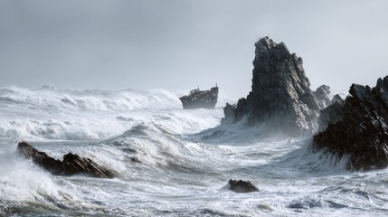 Stormy sea, rocky cliffs