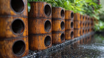Rustic bamboo planters line a garden water feature.