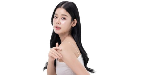 A beautiful Asian woman with long black wavy hair posing gracefully with a soft smile isolated on transparent background, studio beauty portrait. PNG file format.