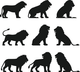 Lion silhouette, black lion icons, wild animal poses, sitting lion, walking lion, roaring lion, vector lion shapes, isolated lions © Love's World