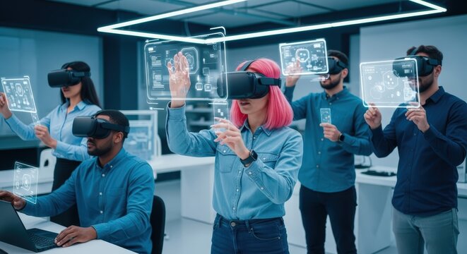 A VR and virtual reality in a smart setting with focus on VR, virtual reality, technology. Unique