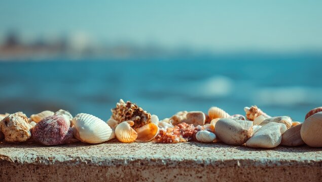 Seashells and pebbles on a wall, ocean backdrop