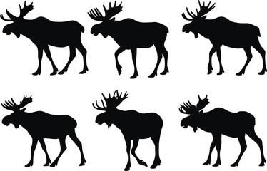 Moose silhouette collection, wildlife animal shapes, black forest icons, antlered mammals, nature illustration, hunting design, vector clipart, isolated set