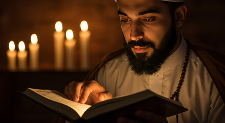 muslim man reading holy book by candlelight