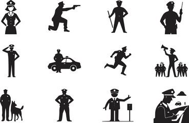 Police officer silhouettes, law enforcement poses, patrol, arrest, salute, police dog, megaphone, baton, radio, teamwork, public safety, authority, crime prevention, emergency response
