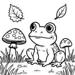 Black and white cartoon illustration of funny frog and toadstool animal character for coloring book