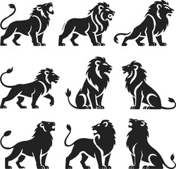 Lion silhouette, heraldic lion, black lion icon,lion pose, lion shape, lion animal, lion standing, lion sitting, lion walking, lion tail, lion mane, lion posture, lion collection