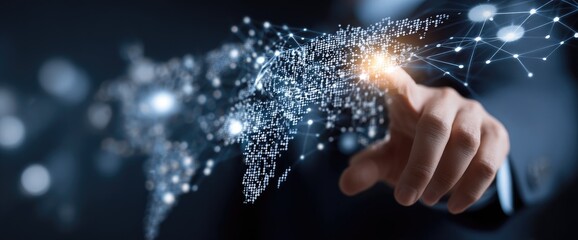A hand interacts with a digital world map, showing connections and data