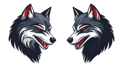 Angry wolf face side, wolf mascot logo, black and white animal symbol design isolated on transparent background