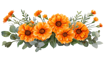 aster marigold flowers orange with greenery bouquet illustrations for wedding invitations isolated on a transparent background