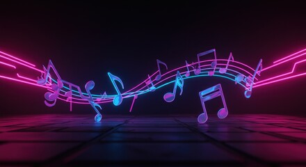 Glowing neon musical notes and staff floating against a dark background.