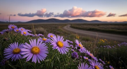 Fototapeta premium Vibrant purple asters bloom at sunset over serene mountain landscape