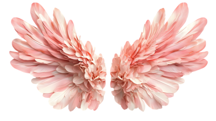 Beautiful realistic symmetrical angel wings pastel pink with detailed feathers isolated on transparent background