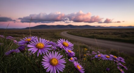 Obraz premium Serene mountain landscape at dusk featuring vibrant purple flowers and dramatic clouds