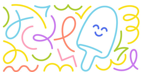 Colorful ice cream line illustration with cheerful design and playful doodles in summer setting