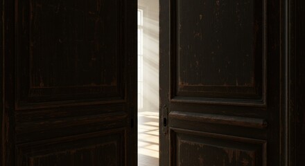 Dark antique doors open to a bright, empty interior space.