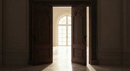Elegant double doors ajar reveal a bright room and arched window, sunlight streaming through.