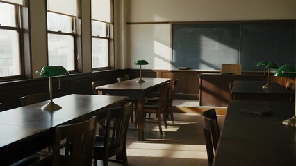 Empty classroom with wooden desks, chairs, and a chalkboard illuminated by natural light from large windows.