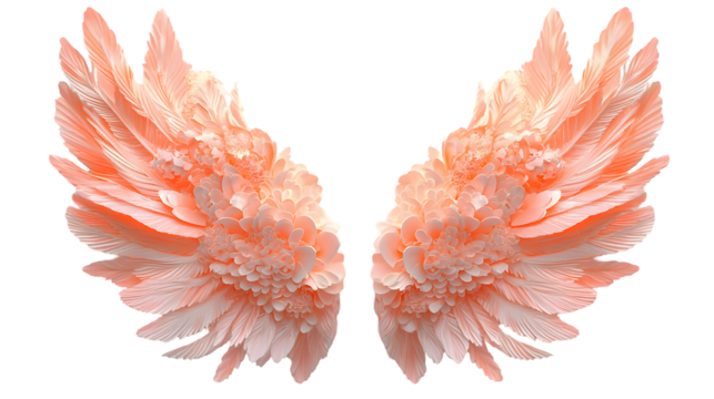 Beautiful realistic symmetrical angel wings pastel pink with detailed feathers isolated on transparent background