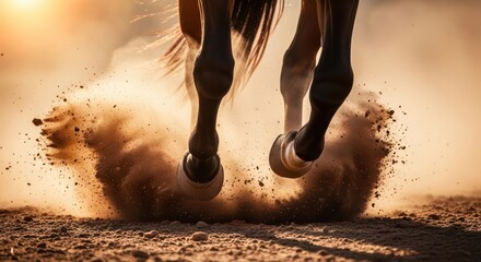 Galloping horse hooves kicking up dust at sunset