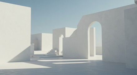 A minimalist architectural scene featuring white geometric structures under a clear blue sky.