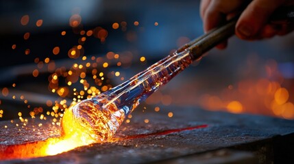 A skilled glassblower carefully shaping molten glass using a blowpipe near a glowing furnace, sparks and heat distortions in the air, traditional workshop atmosphere