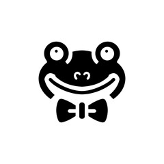 Creative black logo design of a smiling frog with big eyes and a bow tie