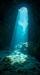 Obraz premium Mysterious underwater cave entrance illuminated by shafts of sunlight revealing rocky seabed