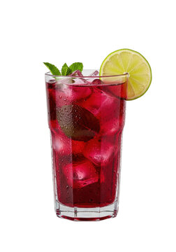 Tall glass of deep red hibiscus agua fresca (Agua de Jamaica) with condensation, clear ice cubes, lime wedge, and mint, isolated on transparent, commercial beverage concept