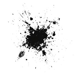 Explosive black ink splatter with droplets and fine streaks, supplied as a PNG cutout on a transparent background with no shadow. Ideal for posters, covers, ads, web graphics and branding.