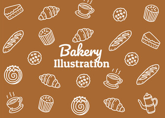 A set of bakery illustration pattern with dark brown background, food packaging, menu illustration hand drawn print ads, food business, coffee shop