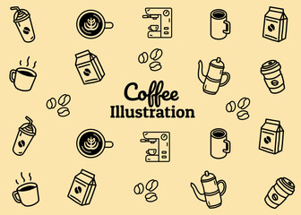 A set of coffee shop illustration pattern with soft brown background, food packaging, menu illustration hand drawn print ads, coffee business, coffee shop