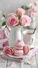Delicate pink roses, macarons, and tea
